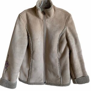 LL Bean Embroidered Vegan Suede Sherpa Coat Medium